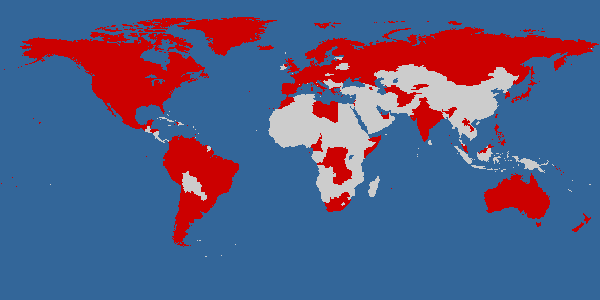 Map of the world showing ccTLDs available for registration through NinerNet. We're making progress on our quest for Cape to Cairo domination!